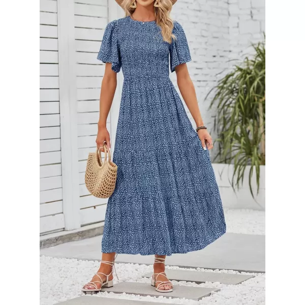 imageZESICA Womens 2024 Summer Casual Floral Print Short Flutter Sleeve Crew Neck Smocked High Waist Flowy Maxi DressDarkblue