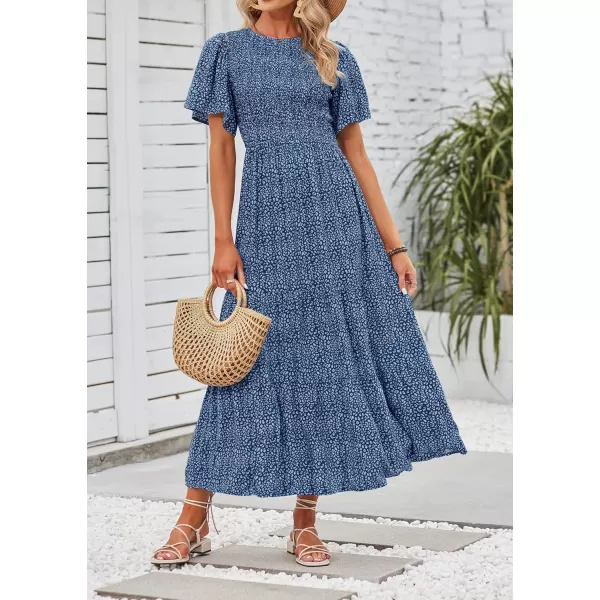 imageZESICA Womens 2024 Summer Casual Floral Print Short Flutter Sleeve Crew Neck Smocked High Waist Flowy Maxi DressDarkblue