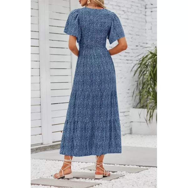 imageZESICA Womens 2024 Summer Casual Floral Print Short Flutter Sleeve Crew Neck Smocked High Waist Flowy Maxi DressDarkblue