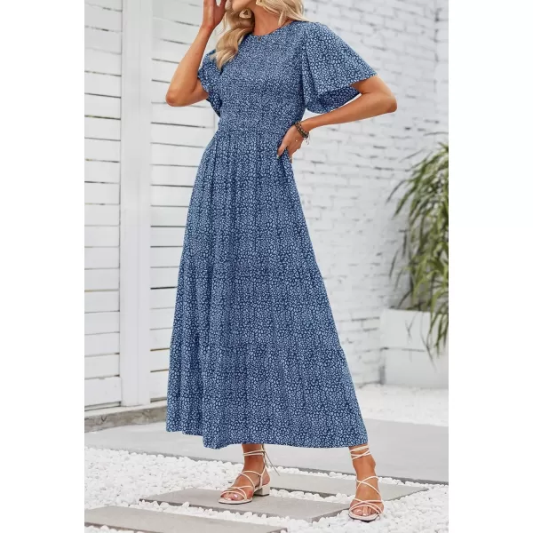 imageZESICA Womens 2024 Summer Casual Floral Print Short Flutter Sleeve Crew Neck Smocked High Waist Flowy Maxi DressDarkblue
