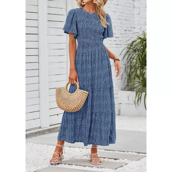 imageZESICA Womens 2024 Summer Casual Floral Print Short Flutter Sleeve Crew Neck Smocked High Waist Flowy Maxi DressDarkblue