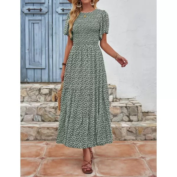imageZESICA Womens 2024 Summer Casual Floral Print Short Flutter Sleeve Crew Neck Smocked High Waist Flowy Maxi DressDarkgreen