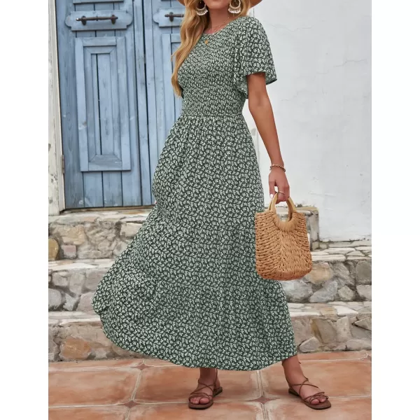 imageZESICA Womens 2024 Summer Casual Floral Print Short Flutter Sleeve Crew Neck Smocked High Waist Flowy Maxi DressDarkgreen