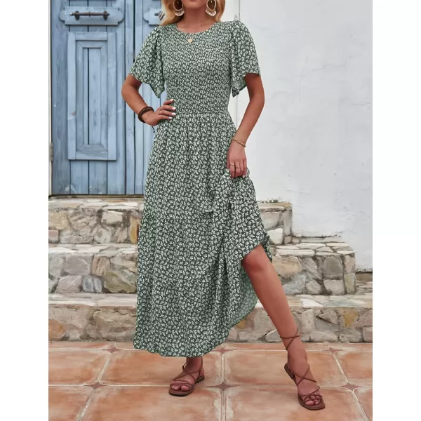 imageZESICA Womens 2024 Summer Casual Floral Print Short Flutter Sleeve Crew Neck Smocked High Waist Flowy Maxi DressDarkgreen
