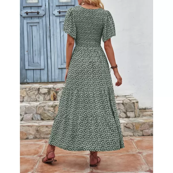 imageZESICA Womens 2024 Summer Casual Floral Print Short Flutter Sleeve Crew Neck Smocked High Waist Flowy Maxi DressDarkgreen