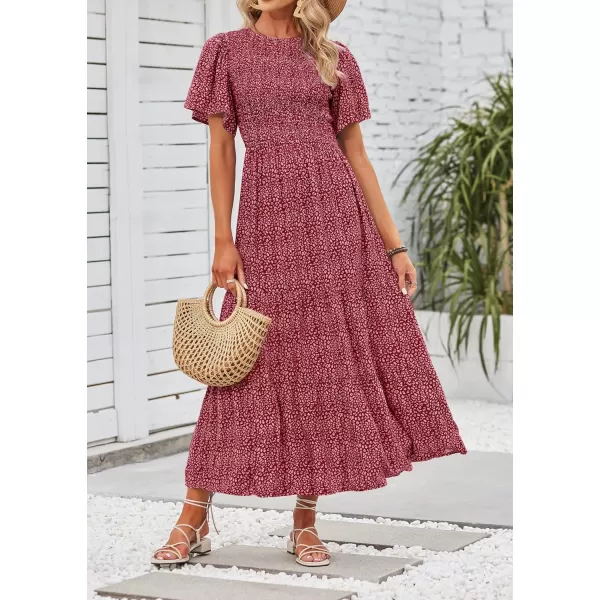 imageZESICA Womens 2024 Summer Casual Floral Print Short Flutter Sleeve Crew Neck Smocked High Waist Flowy Maxi DressVintagered