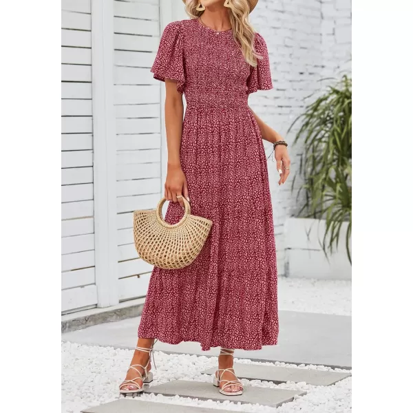 imageZESICA Womens 2024 Summer Casual Floral Print Short Flutter Sleeve Crew Neck Smocked High Waist Flowy Maxi DressVintagered