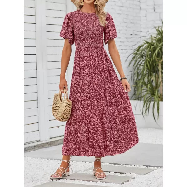 imageZESICA Womens 2024 Summer Casual Floral Print Short Flutter Sleeve Crew Neck Smocked High Waist Flowy Maxi DressVintagered