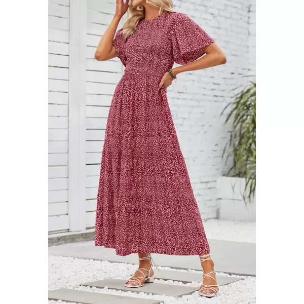 imageZESICA Womens 2024 Summer Casual Floral Print Short Flutter Sleeve Crew Neck Smocked High Waist Flowy Maxi DressVintagered