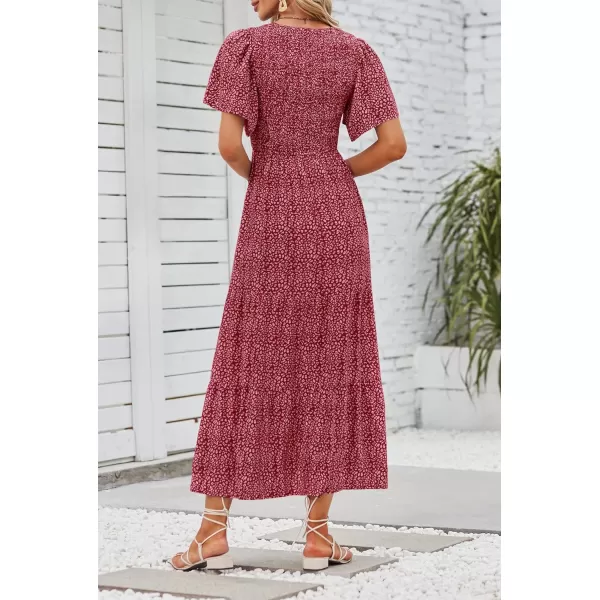 imageZESICA Womens 2024 Summer Casual Floral Print Short Flutter Sleeve Crew Neck Smocked High Waist Flowy Maxi DressVintagered
