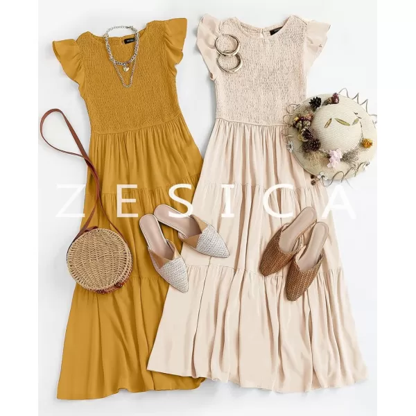 imageZESICA Womens 2024 Summer Casual Flutter Short Sleeve Crew Neck Smocked Elastic Waist Tiered Midi DressApricot
