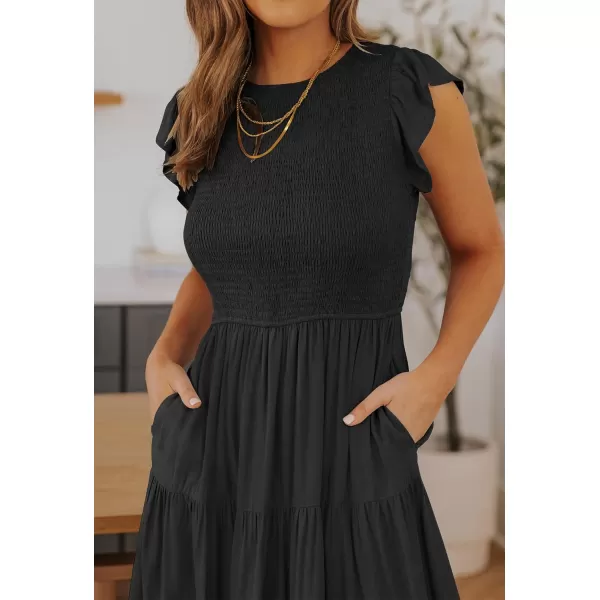 imageZESICA Womens 2024 Summer Casual Flutter Short Sleeve Crew Neck Smocked Elastic Waist Tiered Midi DressBlack