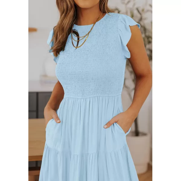 imageZESICA Womens 2024 Summer Casual Flutter Short Sleeve Crew Neck Smocked Elastic Waist Tiered Midi DressBlue