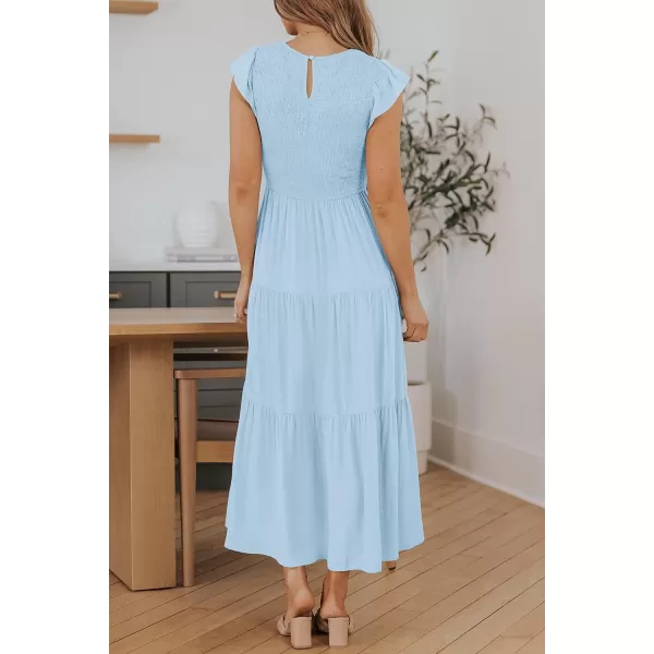 imageZESICA Womens 2024 Summer Casual Flutter Short Sleeve Crew Neck Smocked Elastic Waist Tiered Midi DressBlue