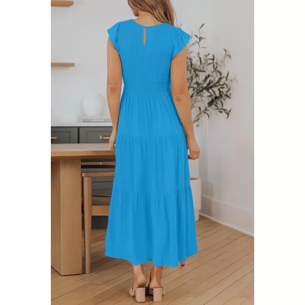 imageZESICA Womens 2024 Summer Casual Flutter Short Sleeve Crew Neck Smocked Elastic Waist Tiered Midi DressCobalt Blue