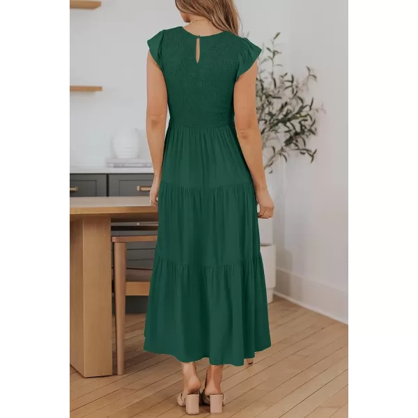 imageZESICA Womens 2024 Summer Casual Flutter Short Sleeve Crew Neck Smocked Elastic Waist Tiered Midi DressDark Green