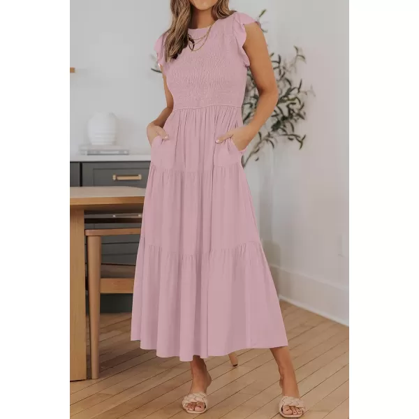 imageZESICA Womens 2024 Summer Casual Flutter Short Sleeve Crew Neck Smocked Elastic Waist Tiered Midi DressDark Pink