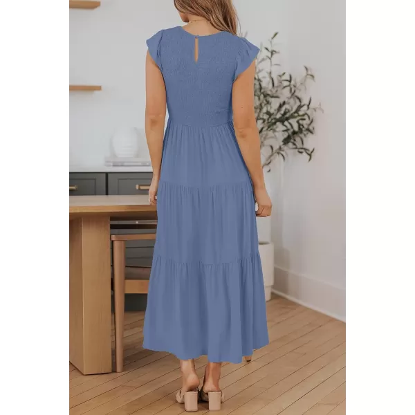 imageZESICA Womens 2024 Summer Casual Flutter Short Sleeve Crew Neck Smocked Elastic Waist Tiered Midi DressDusty Blue