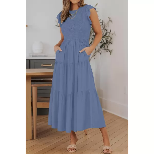 imageZESICA Womens 2024 Summer Casual Flutter Short Sleeve Crew Neck Smocked Elastic Waist Tiered Midi DressDusty Blue