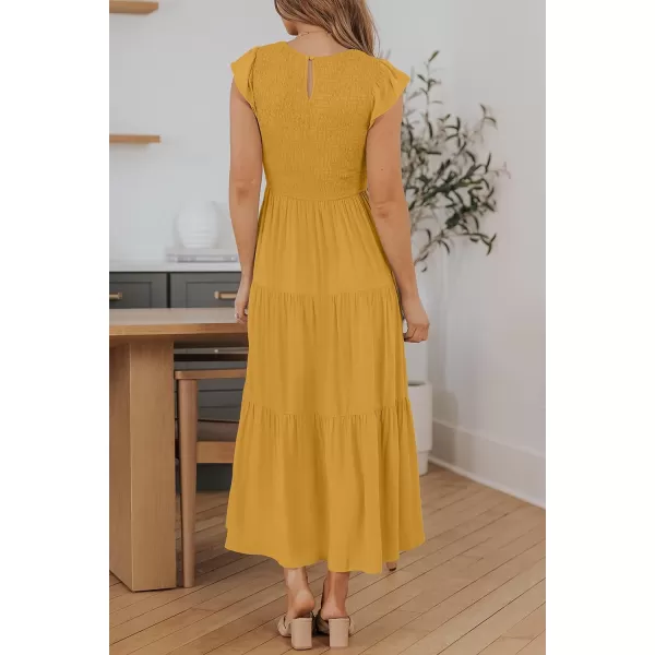 imageZESICA Womens 2024 Summer Casual Flutter Short Sleeve Crew Neck Smocked Elastic Waist Tiered Midi DressGinger