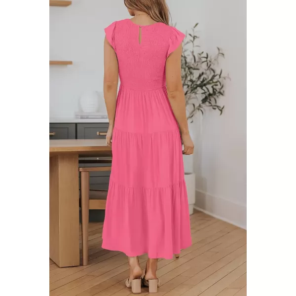 imageZESICA Womens 2024 Summer Casual Flutter Short Sleeve Crew Neck Smocked Elastic Waist Tiered Midi DressHot Pink