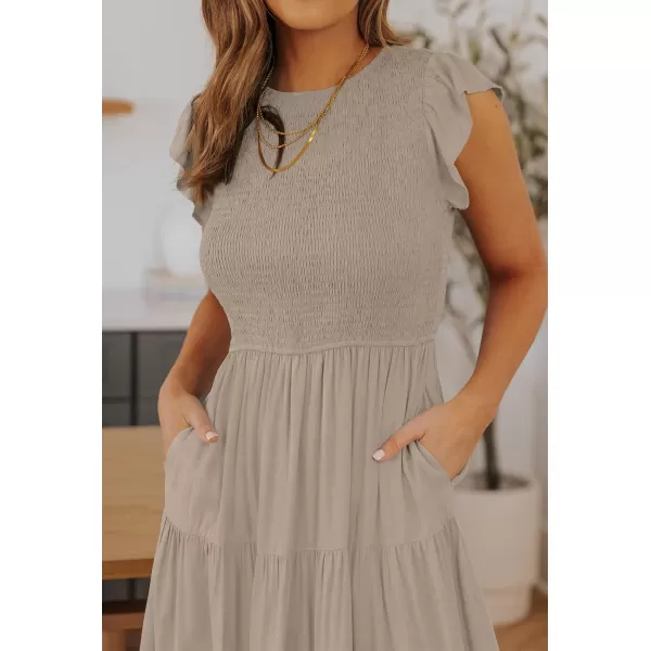 imageZESICA Womens 2024 Summer Casual Flutter Short Sleeve Crew Neck Smocked Elastic Waist Tiered Midi DressLight Khaki
