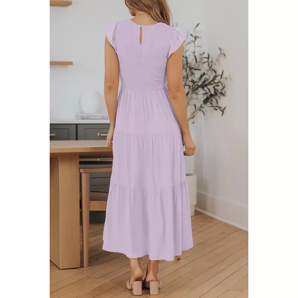 imageZESICA Womens 2024 Summer Casual Flutter Short Sleeve Crew Neck Smocked Elastic Waist Tiered Midi DressLight Purple