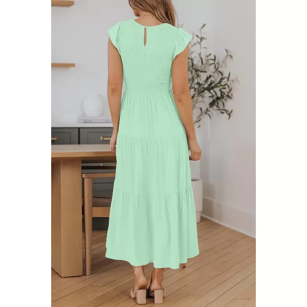 imageZESICA Womens 2024 Summer Casual Flutter Short Sleeve Crew Neck Smocked Elastic Waist Tiered Midi DressMint