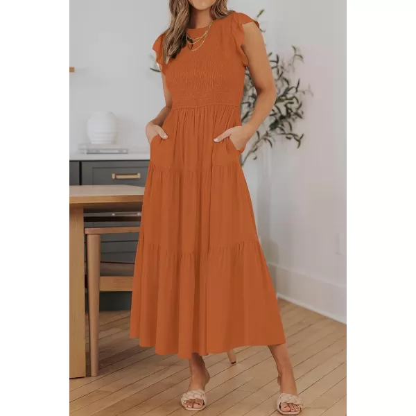 imageZESICA Womens 2024 Summer Casual Flutter Short Sleeve Crew Neck Smocked Elastic Waist Tiered Midi DressOrange
