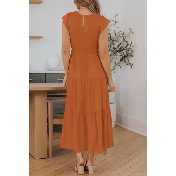 imageZESICA Womens 2024 Summer Casual Flutter Short Sleeve Crew Neck Smocked Elastic Waist Tiered Midi DressOrange
