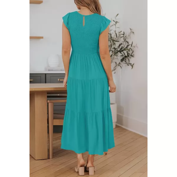 imageZESICA Womens 2024 Summer Casual Flutter Short Sleeve Crew Neck Smocked Elastic Waist Tiered Midi DressPeacock