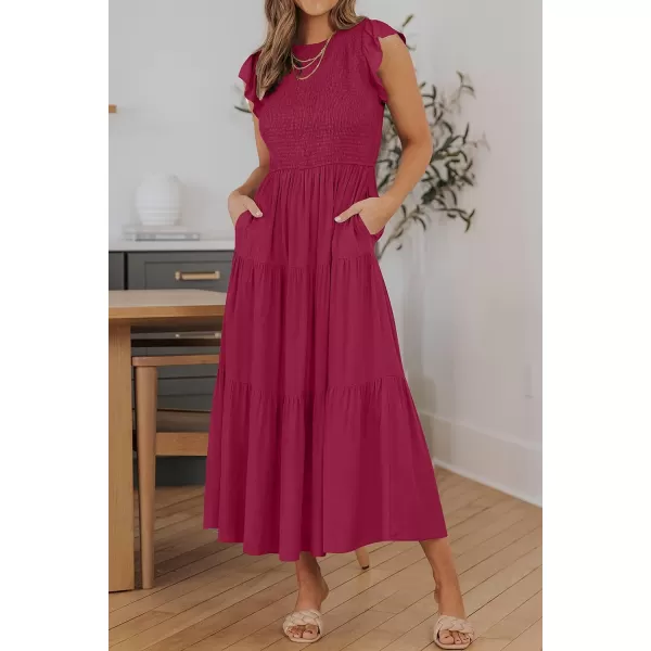 imageZESICA Womens 2024 Summer Casual Flutter Short Sleeve Crew Neck Smocked Elastic Waist Tiered Midi DressPlum