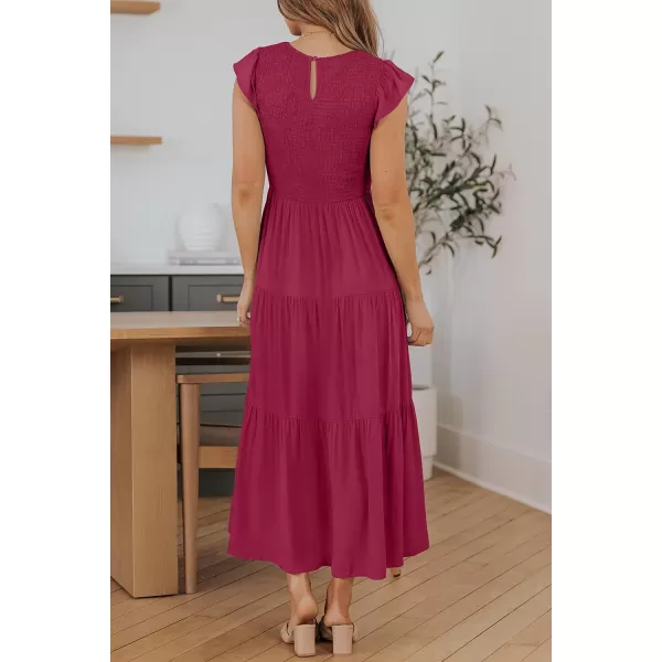 imageZESICA Womens 2024 Summer Casual Flutter Short Sleeve Crew Neck Smocked Elastic Waist Tiered Midi DressPlum