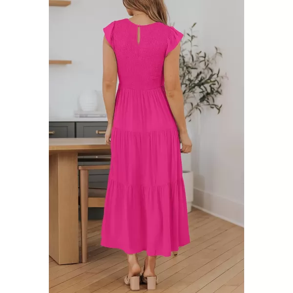 imageZESICA Womens 2024 Summer Casual Flutter Short Sleeve Crew Neck Smocked Elastic Waist Tiered Midi DressRose