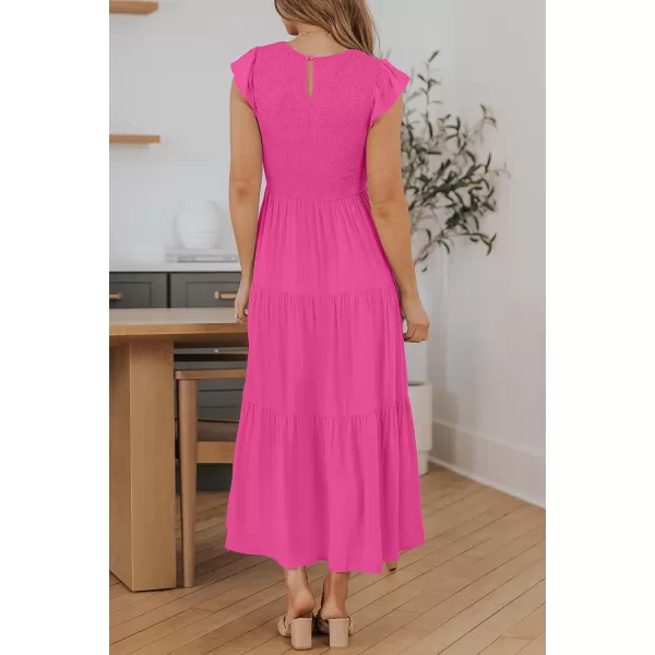 imageZESICA Womens 2024 Summer Casual Flutter Short Sleeve Crew Neck Smocked Elastic Waist Tiered Midi DressRose Pink