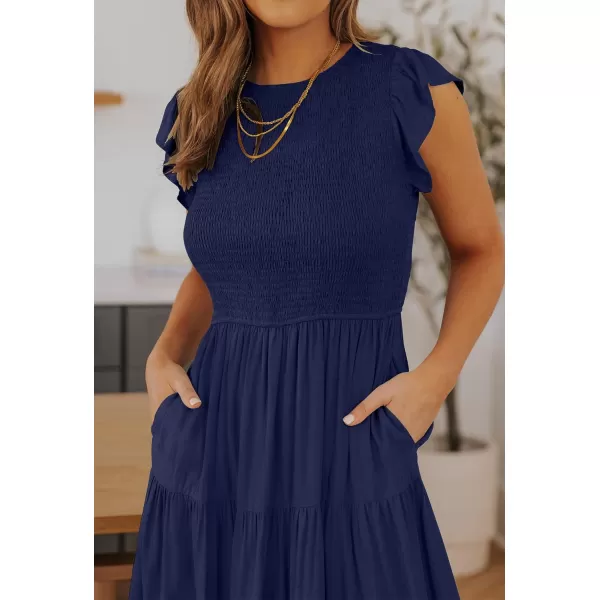 imageZESICA Womens 2024 Summer Casual Flutter Short Sleeve Crew Neck Smocked Elastic Waist Tiered Midi DressRoyal Blue