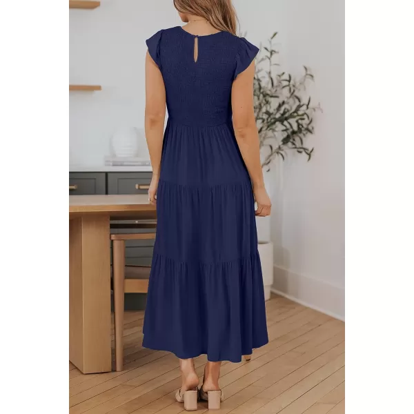 imageZESICA Womens 2024 Summer Casual Flutter Short Sleeve Crew Neck Smocked Elastic Waist Tiered Midi DressRoyal Blue