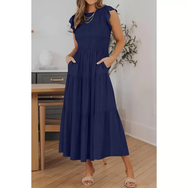 imageZESICA Womens 2024 Summer Casual Flutter Short Sleeve Crew Neck Smocked Elastic Waist Tiered Midi DressRoyal Blue