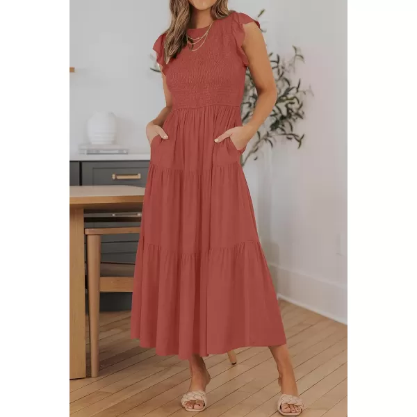 imageZESICA Womens 2024 Summer Casual Flutter Short Sleeve Crew Neck Smocked Elastic Waist Tiered Midi DressRust