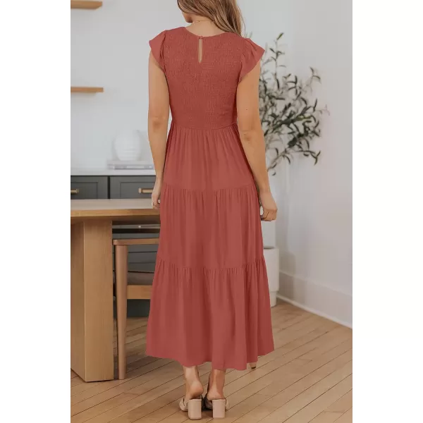 imageZESICA Womens 2024 Summer Casual Flutter Short Sleeve Crew Neck Smocked Elastic Waist Tiered Midi DressRust