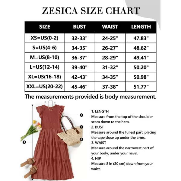 imageZESICA Womens 2024 Summer Casual Flutter Short Sleeve Crew Neck Smocked Elastic Waist Tiered Midi DressRust