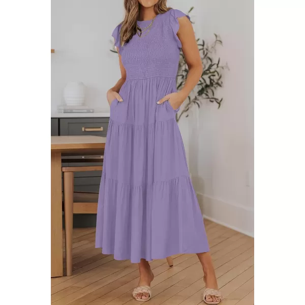 imageZESICA Womens 2024 Summer Casual Flutter Short Sleeve Crew Neck Smocked Elastic Waist Tiered Midi DressViolet