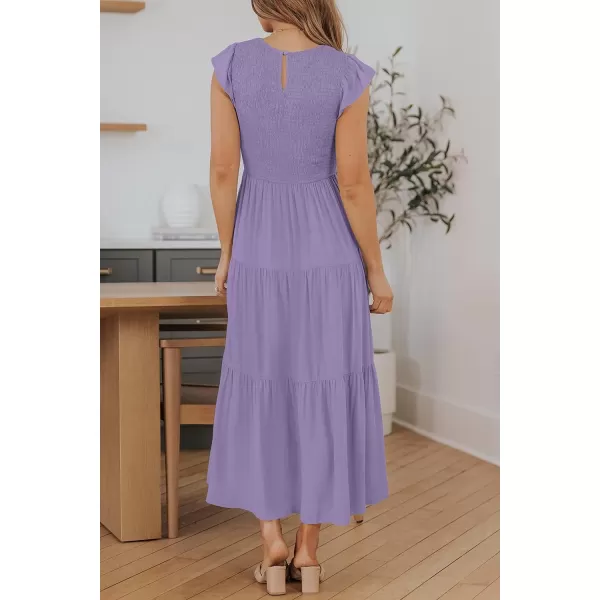 imageZESICA Womens 2024 Summer Casual Flutter Short Sleeve Crew Neck Smocked Elastic Waist Tiered Midi DressViolet