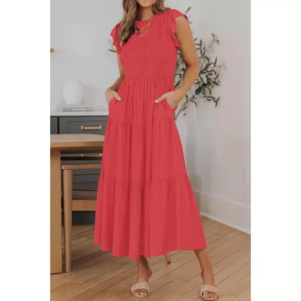 imageZESICA Womens 2024 Summer Casual Flutter Short Sleeve Crew Neck Smocked Elastic Waist Tiered Midi DressWatermelon Red