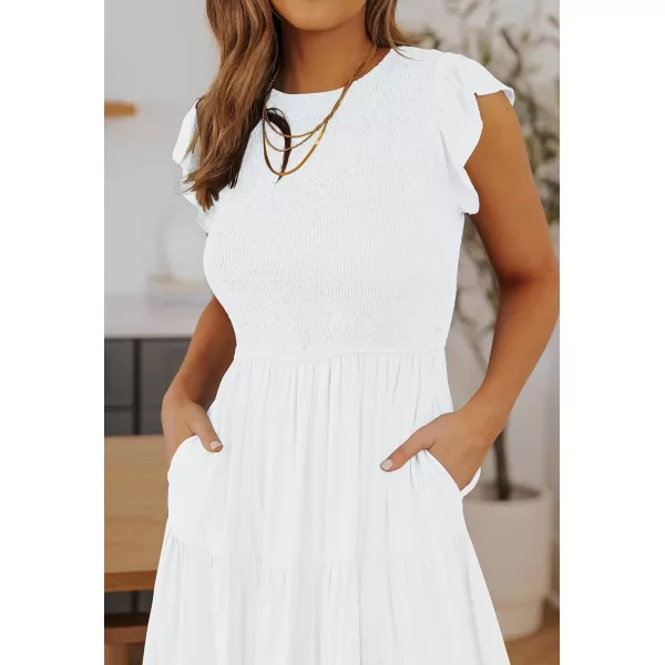 imageZESICA Womens 2024 Summer Casual Flutter Short Sleeve Crew Neck Smocked Elastic Waist Tiered Midi DressWhite