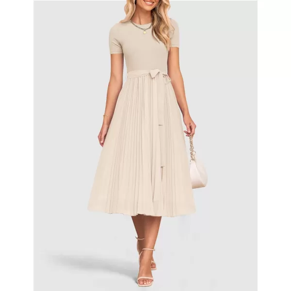 imageZESICA Womens 2024 Summer Casual Short Sleeve Crewneck Ribbed Knit Belted Chiffon Layered Pleated A Line Midi DressApricot