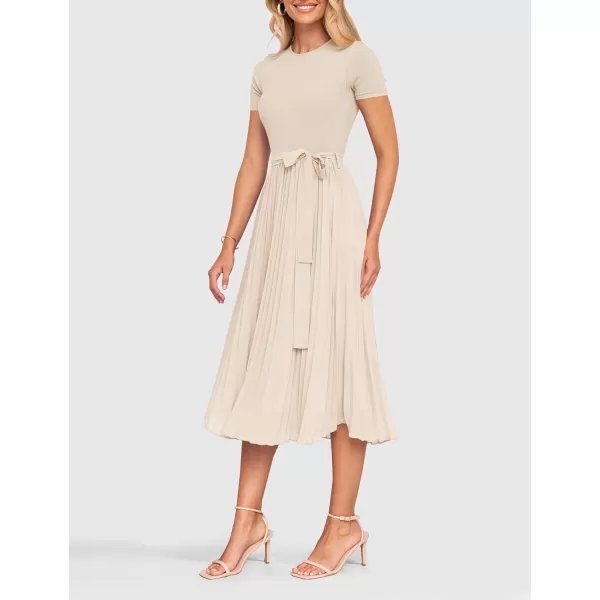 imageZESICA Womens 2024 Summer Casual Short Sleeve Crewneck Ribbed Knit Belted Chiffon Layered Pleated A Line Midi DressApricot