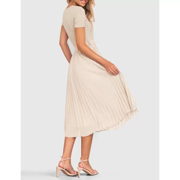 imageZESICA Womens 2024 Summer Casual Short Sleeve Crewneck Ribbed Knit Belted Chiffon Layered Pleated A Line Midi DressApricot