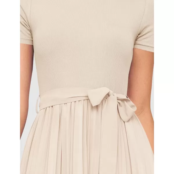 imageZESICA Womens 2024 Summer Casual Short Sleeve Crewneck Ribbed Knit Belted Chiffon Layered Pleated A Line Midi DressApricot