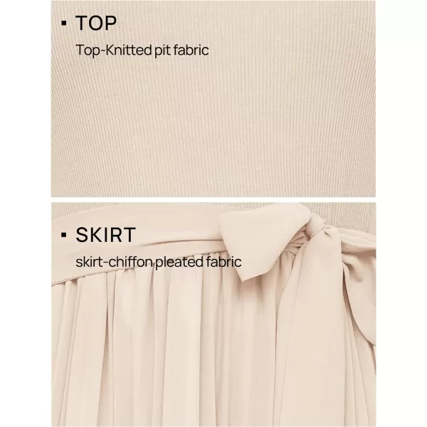 imageZESICA Womens 2024 Summer Casual Short Sleeve Crewneck Ribbed Knit Belted Chiffon Layered Pleated A Line Midi DressApricot